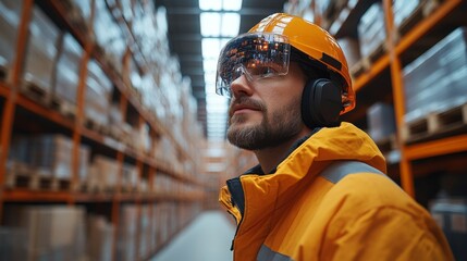 Fototapete - An employee in a safety helmet and reflective jacket evaluates the logistics processes inside a busy warehouse filled with shelves of organized goods.