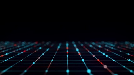 Poster - Abstract grid with blue light on black background. Science background with moving dots and lines. Network connection technology. Digital structure with particles. 3d rendering.