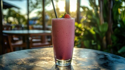 Poster - A strawberry smoothie served in a clear glass on an outdoor cafÃ© table, with greenery in the background. 