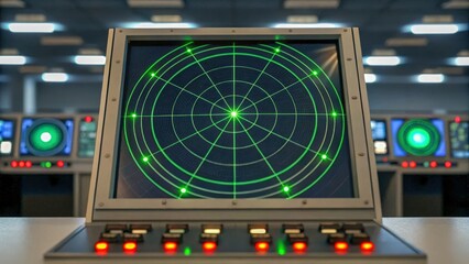 Poster - a radar screen displays a green circular pattern, surrounded by multiple control panels in a high-te