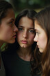 © Aleksandra - Peer pressure. Two teenagers whispering to another who looks unsure, close range. Bullying. Mocking classmates. Persuasion from friends.