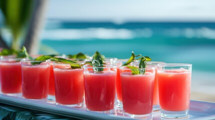Poster - A tray of guava juice glasses served at a tropical beach party with the ocean in the distance. 