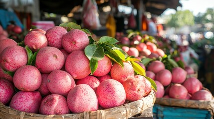 Poster - A tropical outdoor market stall showcasing pink guavas with a view of the market scene. 