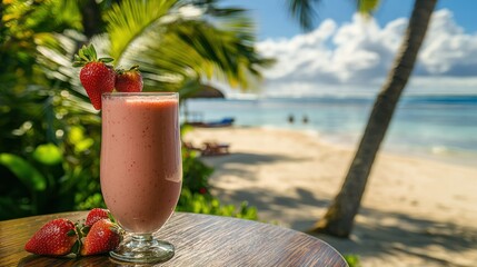 Poster - A tropical setting showing a smoothie with fresh strawberries on the rim, placed on a table overlooking the beach. 