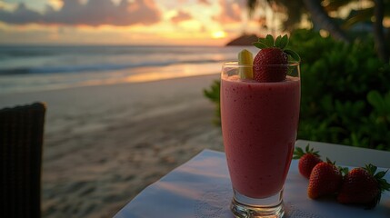 Poster - A tropical setting showing a smoothie with fresh strawberries on the rim, placed on a table overlooking the beach. 