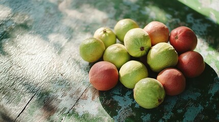 Poster - A variety of guava fruits placed on a textured surface with natural light coming from a distance. 