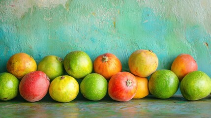 Poster - A variety of guava fruits placed on a textured surface with natural light coming from a distance. 