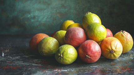 Poster - A variety of guava fruits placed on a textured surface with natural light coming from a distance.