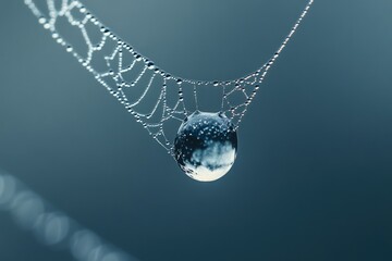A delicate spiderweb adorned with glistening dewdrops, culminating in a large droplet reflecting the surrounding blue sky.