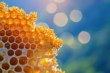 golden honeycomb, filled with honey, glistens in the sunlight against a blurred blue and green bokeh