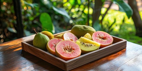 Poster - A wooden tray with guava slices and other fruits, set on a table with a scenic garden background. 