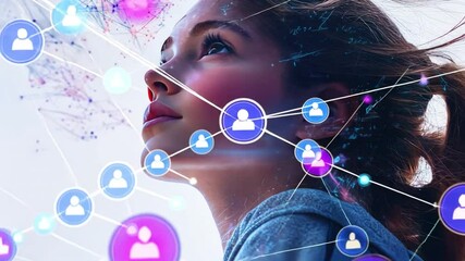 Poster - Connecting Minds: A young woman looks up with a thoughtful expression, connected by network links, symbolizing the global reach and connectivity of the digital age.