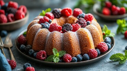 Poster - Bundt cake with fresh berries and mint.