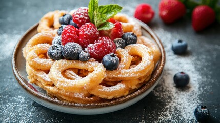 Aufkleber - Carnival funnel cake served with berries. 