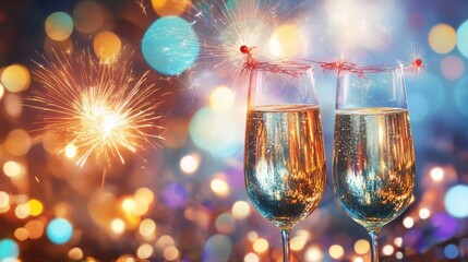 Wall Mural - 2025 happy new year with sparlkers and fireworks, new year celebration illustration
