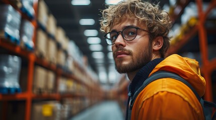 Poster - A logistics expert examines inventory lines in a modern warehouse, showcasing the blend of technology and automation in transportation and distribution activities.