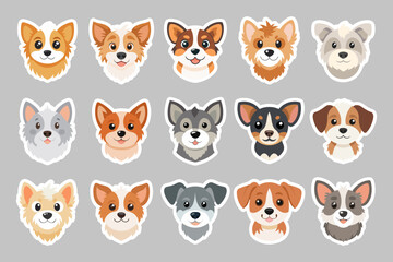  Cute dog face stickers set. Collection of adorable dog faces. Illustration.
