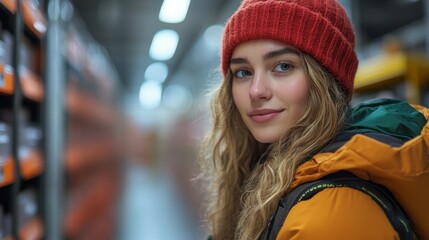 Leinwandbilder - A logistics worker with curly hair wearing a red beanie and orange jacket stands in a well organized warehouse, ready to contribute to daily operations involving transportation and fulfillment.