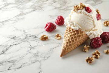 Poster - Delicious waffle cone filled with creamy vanilla ice cream topped with raspberries and walnuts on marble surface