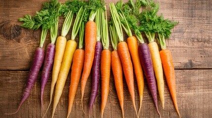 Poster - Colorful bunch of rainbow carrots arranged on wooden surface 