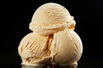 Poster - Creamy vanilla ice cream scoops stacked on a dark surface in a playful arrangement with a glossy finish