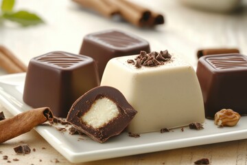 Aufkleber - Delicious moments of gourmet chocolate treats arranged elegantly on a white plate surrounded by cinnamon sticks