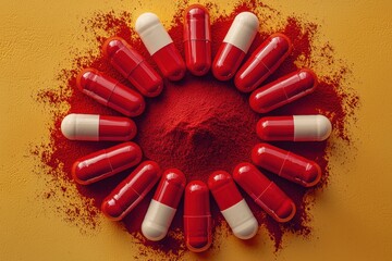 Aufkleber - Capsules arranged in a circular pattern around red powder on a vibrant yellow surface