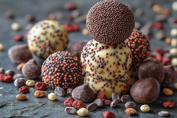 Poster - Delicious chocolate truffles with colorful sprinkles on a dark stone surface