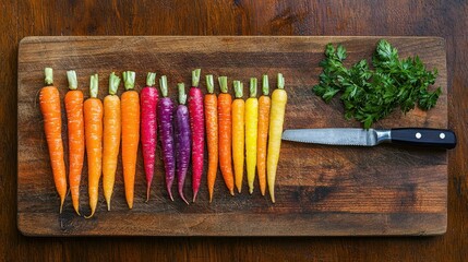 Poster - Colorful rainbow carrots arranged artistically on chopping board 