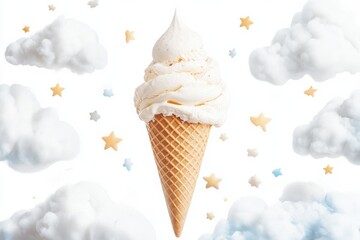 Aufkleber - Delightful ice cream cone surrounded by fluffy clouds and stars in a whimsical sky
