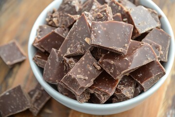 Poster - Delicious chocolate pieces in a white bowl on a wooden surface perfect for dessert recipes and sweet snacks