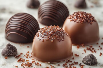 Poster - Gourmet chocolate truffles with various toppings arranged on a marble countertop