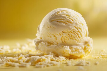 Poster - Creamy vanilla ice cream scoop with shavings on a bright yellow background inviting summertime indulgence