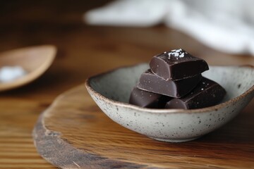 Aufkleber - Dark chocolate pieces on a wooden table with sea salt in a rustic bowl during a cozy indoor setting