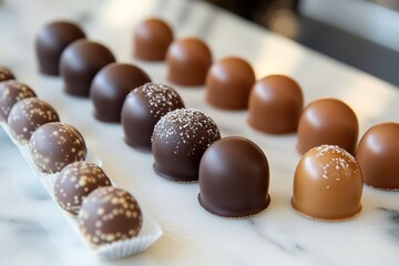 Aufkleber - Assorted chocolate truffles arranged neatly on a marble surface ready for tasting or sale in a cozy confectionery shop