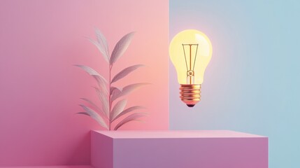 Poster - Minimalist 3D Geometric Composition with Illuminated Light Bulb Symbolizing Marketing Innovation illustration