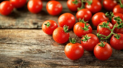 Poster - Fresh tomatoes scattered on a wooden table