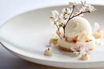 Poster - Elegant dessert featuring ice cream and edible flowers arranged on a white plate in a fine dining setting