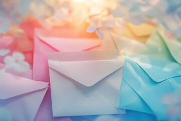 Aufkleber - Colorful envelopes scattered on soft surface amidst decorative flowers during bright daylight