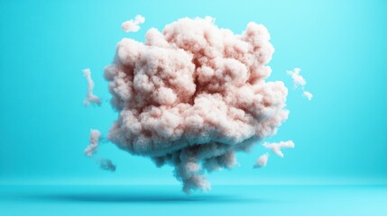 Poster - A large fluffy light-pink cloud-like mass elegantly floats against a serene solid light-blue background with smaller pieces drifting around it beautifully