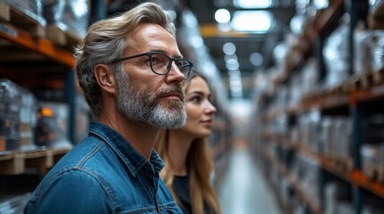 Leinwandbilder - Two professionals evaluate the organization and automation within a logistics center focused on enhancing mobility and fulfillment processes amidst extensive storage systems.