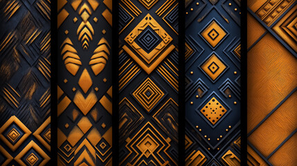 Poster - Abstract patterns displaying geometric designs in black and gold colors. Textured surfaces highlight artistic creations. Concept of modern art, interior design, creative industries