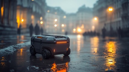 Poster - Robotic delivery device moves through a wet city street illuminated by ambient street lights, showcasing advancements in urban mobility and automated logistics technologies.
