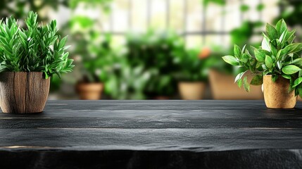 Poster - Dark wooden table with potted plants in bright room with lush greenery and blurred providing a serene and inviting indoor atmosphere 150 chars