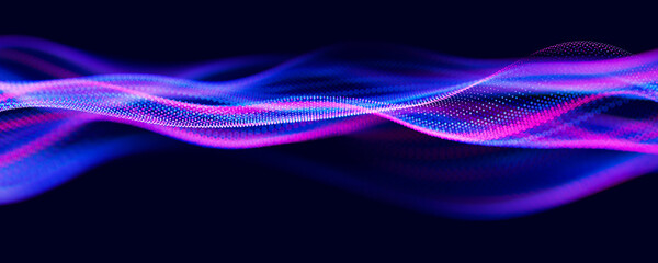 Poster - Abstract wave of particles. Big data digital flow concept. LLM learning process, AI technology. Quantum computing. 