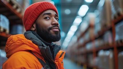 Leinwandbilder - A focused individual stands in a logistics warehouse, looking thoughtfully at the organized shelves while managing inventory within a bustling distribution center.