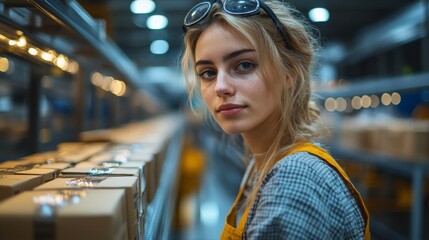 Leinwandbilder - A young woman in a warehouse setting is checking packages on the shelves as part of the logistics operations. The facility is equipped with advanced automation technology for efficiency.