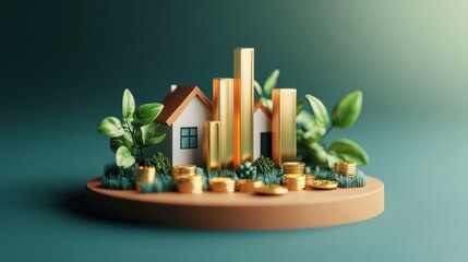 Aufkleber - A miniature house surrounded by golden coins and bars illustrating a symbol of growth, wealth, and prosperity in the real estate investment market today