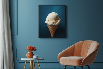 Poster - Modern interior design featuring a minimalist ice cream cone artwork on blue wall with stylish furniture