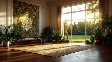 Poster - Sunlit grand interior showcasing large revealing a lush verdant lawn, elegant hardwood floors, ornate rug, potted plants, and decorative tapestry